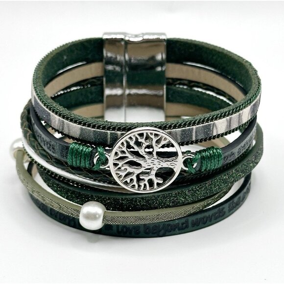 Greens Leather Wrap Bracelet Charm Pearl Magnet Buckle Bracelet Tree Of Life - Picture 5 of 5